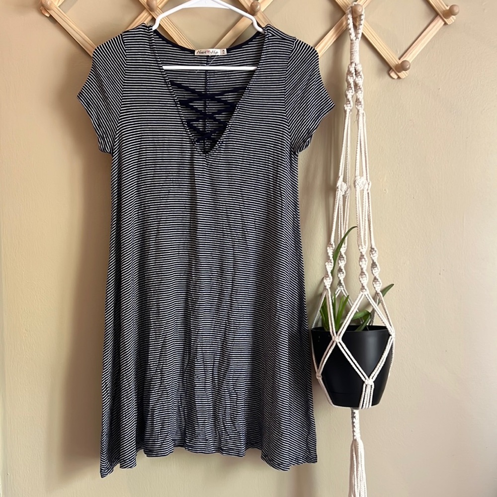 Mini navy stripe dress v neck laced cutout